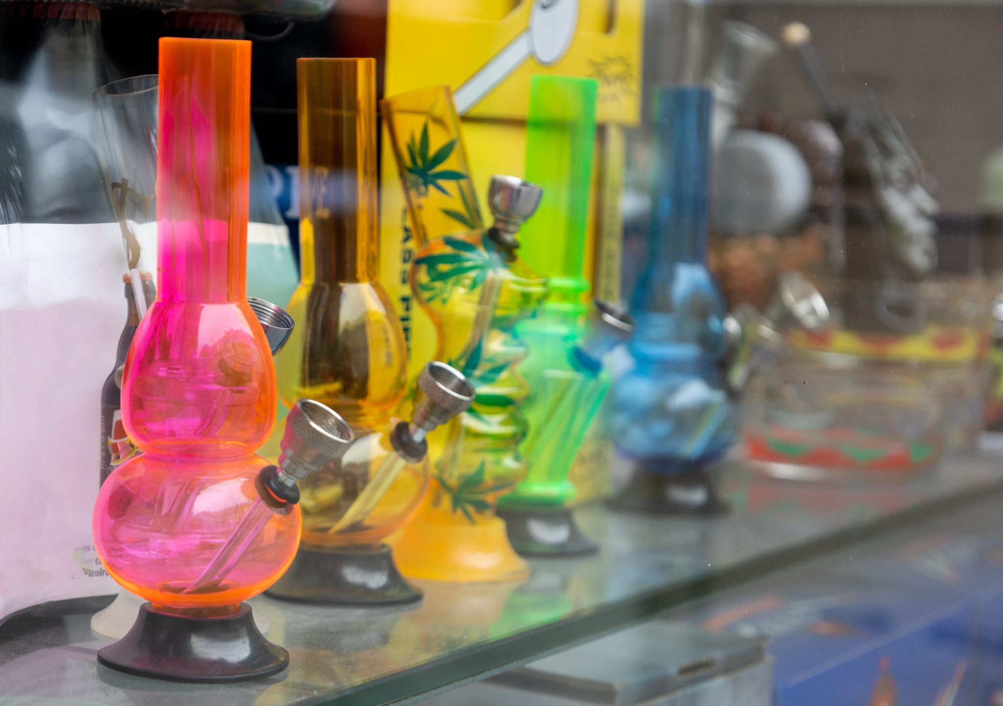 Bongs sitting on a shelf